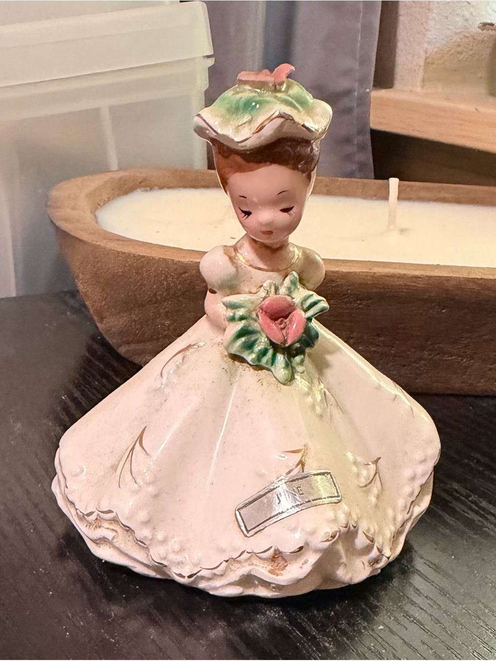 Vintage Ceramic Pink and Green Lady Figurine - Home Accents